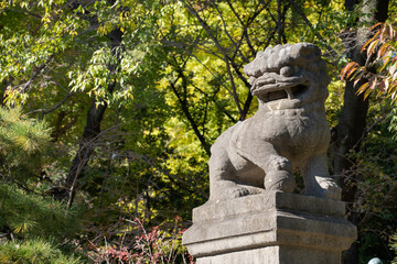 Stone sculptures of lions on the alley in Yasukuni-jinja Shrine.