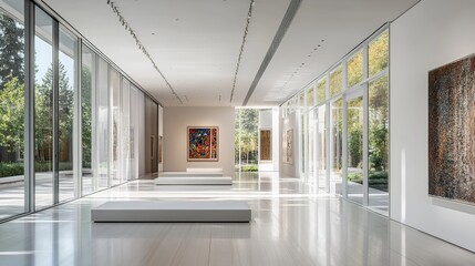 Sunlit modern art gallery interior with artwork, minimalist seating, and expansive glass walls showcasing a serene outdoor garden.