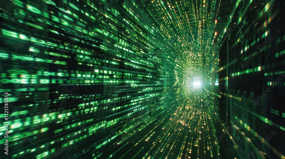 Poster binary digital codes that rush to the center, creating the effect of movement in space or a cyber tu