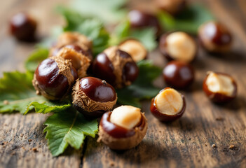 Obraz premium Roasted chestnuts with green leaves on a wooden surface