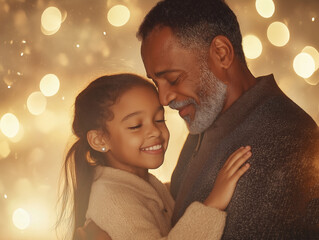 An African American grandfather shares a joyful moment with his granddaughter, smiling and embracing amid a warm, festive atmosphere for Black History Month celebrations