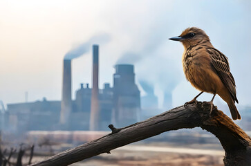 A Bird Perched On A Dead Tree, Against The Backdrop Of A Factory Smokes in Sky , Symbolizing The Impact Of Pollution On Wildlife Environmental problems 