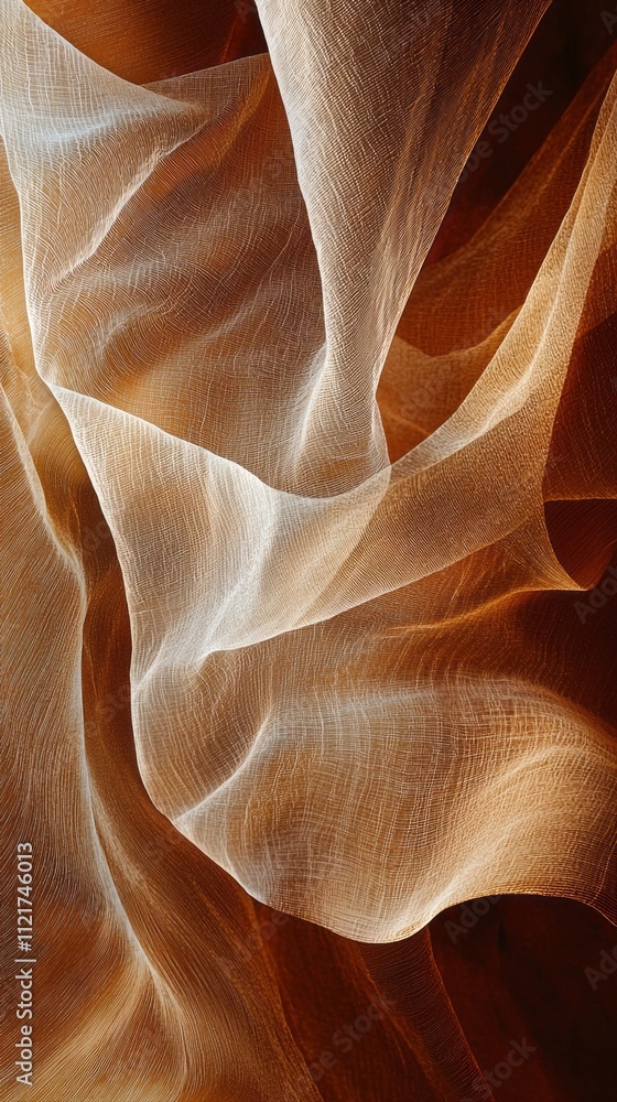 Poster delicate layers of translucent fabric cascade gracefully, revealing subtle shades of warmth and text