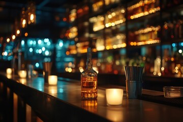 Whiskey bottle on bar counter at night.