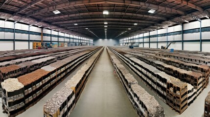 Obraz premium A panoramic view of a large warehouse filled with neatly stacked materials.
