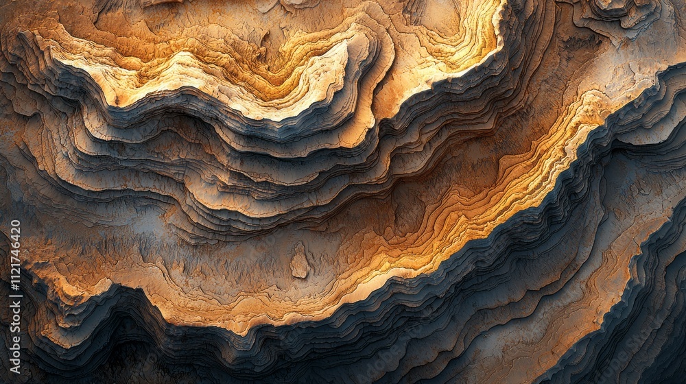 Poster layers of rich mocha hues create a mesmerizing abstract landscape under soft twilight. the rugged te