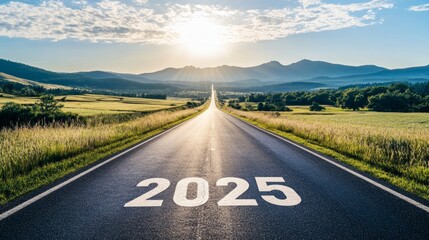 2025 Goal plan action, Business target and growth strategy. New year resolution and challenge. 2025 on the road in the middle of asphalt road with at sunset forward and planning to the goal.
