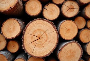 Fototapeta premium Stacked wooden logs with visible tree rings, showing the natural patterns and textures of the wood