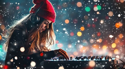 Woman DJing in winter, snow falling, colorful lights.