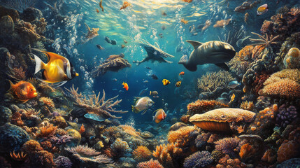 Fototapeta premium The realism is heightened by the detailed textures of water and marine life.