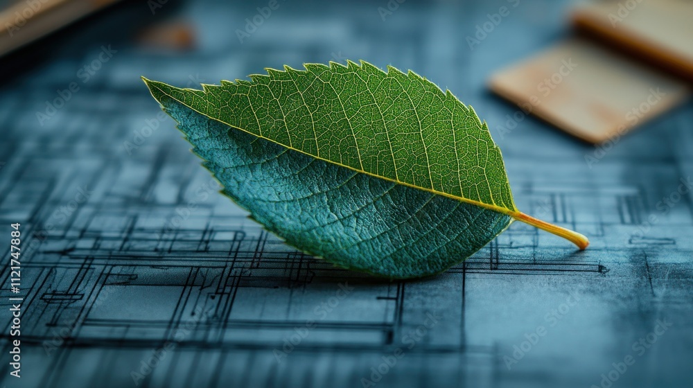 Poster a leaf resting on a blueprint background