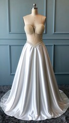Fototapeta premium Full length satin gown pearl encrusted bodice with crystal details white background 
