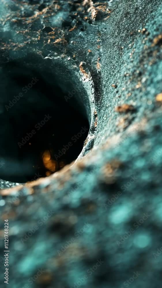 Poster close-up view of a cylindrical hole revealing intricate textures and particles in a natural setting