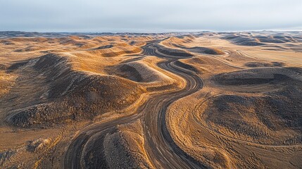 Fototapeta premium Rolling hills stretch endlessly, their golden hues illuminated by the soft morning light. Winding paths invite exploration, harmonizing with the tranquil landscape