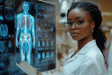 Doctor using digital tablet and checking patient test results standing near big screen with virtual human body