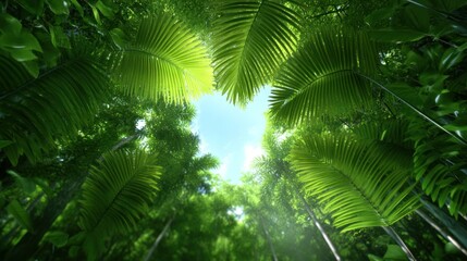 Fototapeta premium Lush green foliage framing a bright sky in a tropical forest.