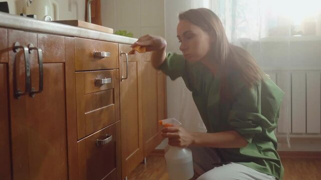 A person is meticulously cleaning kitchen cabinets with a spray cleaner and cloth, ensuring every surface is spotless in a well-lit room filled with natural light.