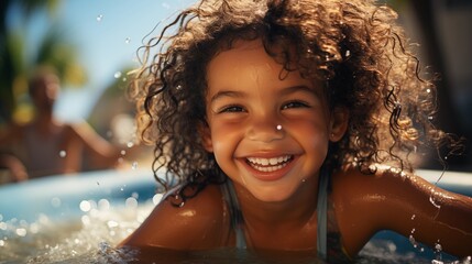 Obraz premium A playful African girl glides down a slide into a bright water park pool, laughing with joy.