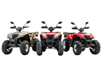 A red ATV with black tires is parked on a white background. on transparent background.