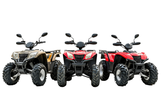 A red ATV with black tires is parked on a white background. on transparent background.