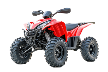 A red ATV with black tires is parked on a white background. on transparent background.