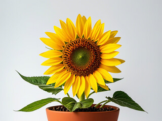 Obraz premium A yellow sunflower in a potted plant on a white background