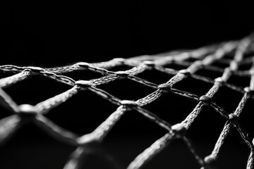 Black and white close-up of a soccer net with intricate patterns, emphasizing texture and simplicity.