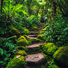 Naklejka premium Scenic trail pathway through a lush tropical rainforest, surrounded by vibrant green plants