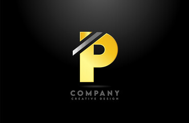 gold P letter alphabet logo icon design with golden yellow black colour for company and business
