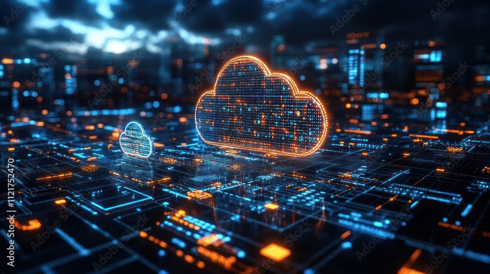 Poster futuristic cloud computing concept with digital elements