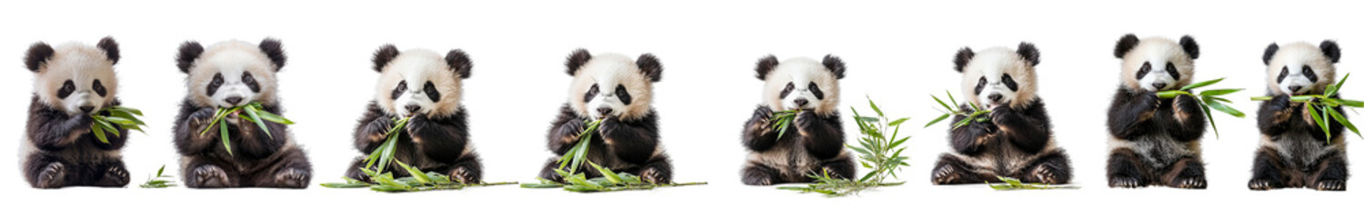 Cute pandas eating bamboo in row, showcasing their playful nature