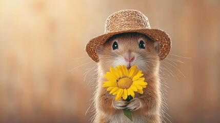 A charming small animal wearing a straw hat, holding a yellow flower. Perfect for nature, cute illustrations, and whimsical themes.