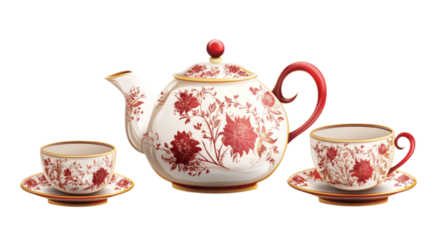 A traditional Chinese tea set icon with red and gold accents on a white background