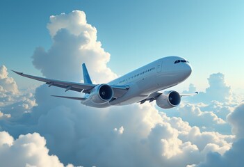 Obraz premium A commercial airplane soars through the sky, above a blanket of fluffy clouds.