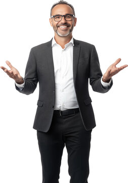recommend clip art: smiling man in suit,businessman,showing hands to camera,transparent background, PNG,clipart