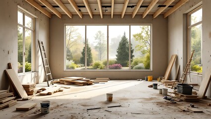 Room remodeling with wood floors and windows modern design and renovation concept for home improvement and interior transformation