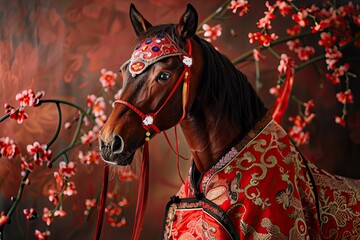 Horse in New Year clothes, Chinese New Year symbols, Year of the Horse  