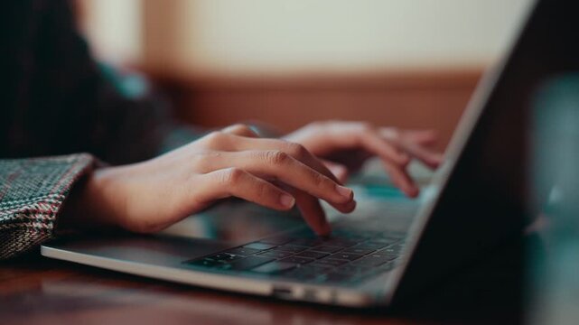 Close-up view of a businesswoman's hands actively using a laptop's trackpad and typing on the keyboard, showcasing a modern workspace in a coffee shop setting
