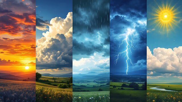 Weather transitions showing different atmospheric conditions including rain, sunlight, clouds, and clear skies in vibrant colors Nature showcases diverse weather systems harmoniously
