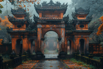 Obraz premium traditional eastern gate, decorated with intricate ornaments and sculptures. The gates are made in rich brown and orange tones.. 