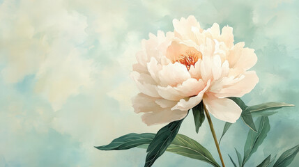 A single white peony with soft pink accents, painted in dreamy watercolor