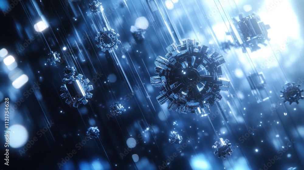 Poster abstract digital representation of floating gears and light