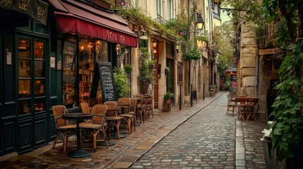 Fototapeta premium Parisian cafe, cobblestone street, outdoor seating.