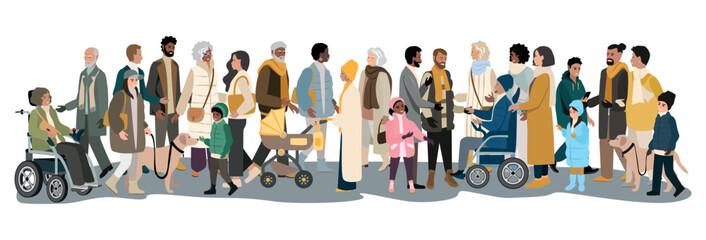 Happy people of different gender, age and race standing and chatting together. Large group of diverse and active people. Vector illustration on white background.
