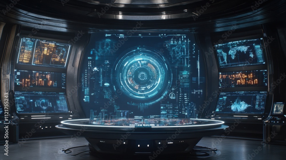 Poster futuristic command center with holographic interface