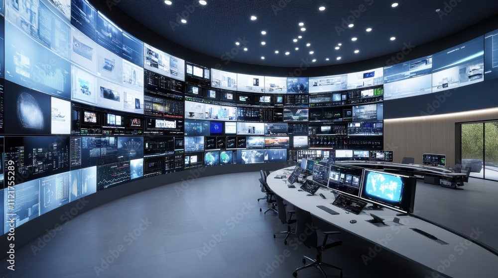 Poster high-tech media control room with multiple displays and workstations