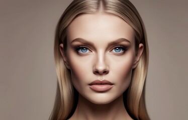 Fototapeta premium Portrait of a Young Woman With Long Blonde Hair and Striking Blue Eyes Against a Neutral Background Showcasing Natural Beauty