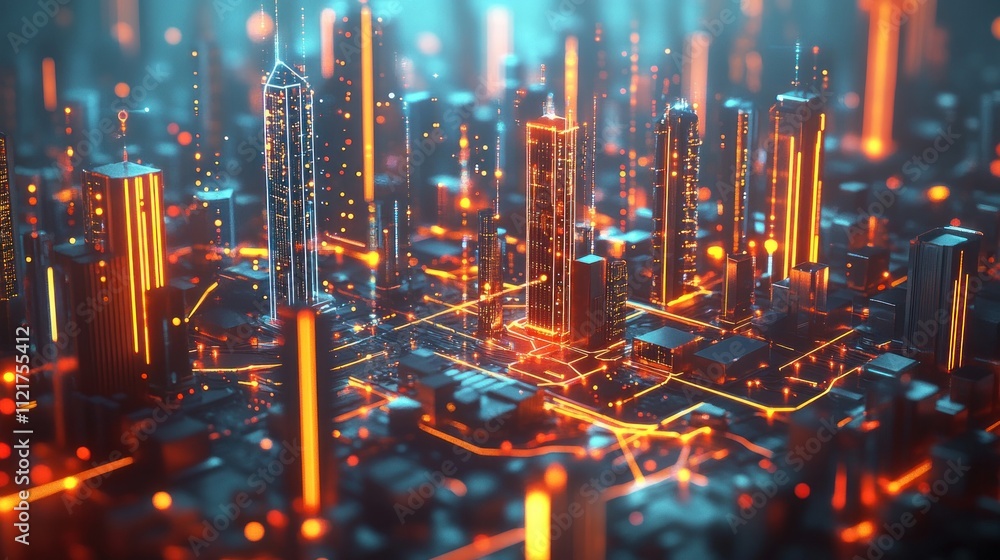 Poster futuristic cityscape with glowing structures and networks