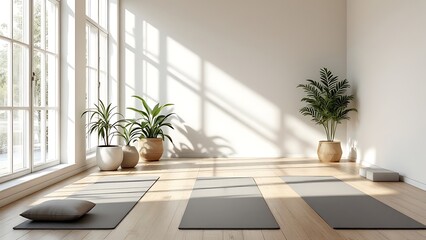 Fototapeta premium Yoga room pilates flooring mat empty interior gym window nobody modern