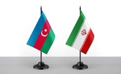 Image of the table flag of Azarbaijan and Iran countries. White background. Close-up flags. High...